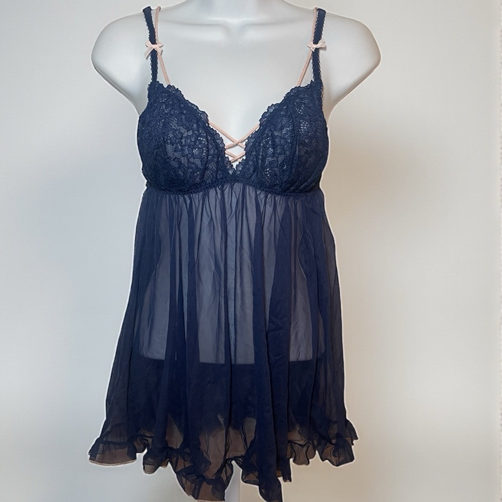 Victoria Secret lace babydoll chemise Navy blue sheer lingerie M Y2K coquette
